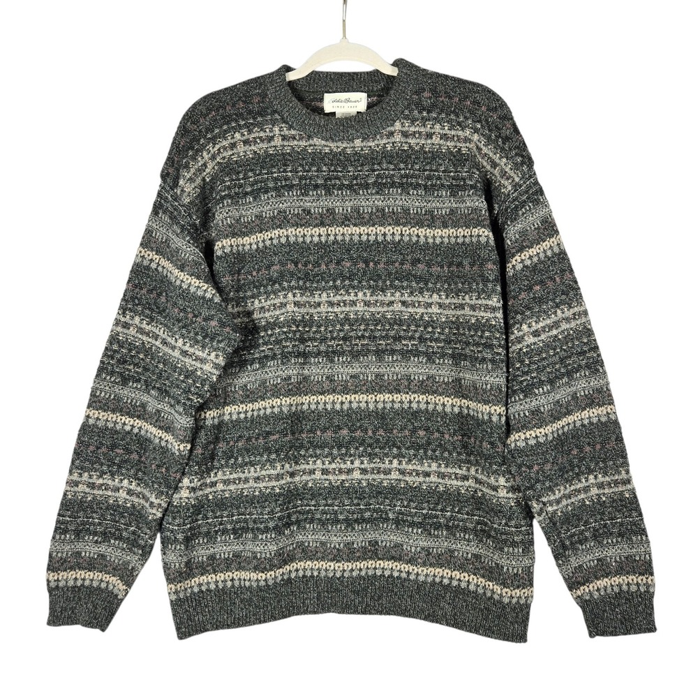 Eddie Bauer Fair Isle Sweater Mens M Green Gray Knit Vintage Made in USA